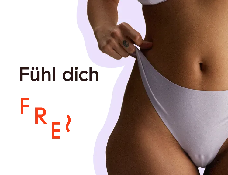 Frau in Unterwäsche zieht an ihrem Slip