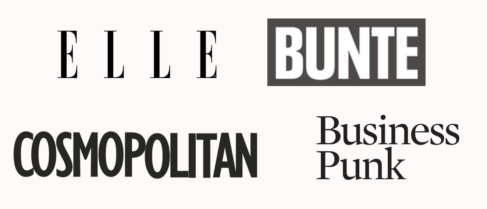 4 press logos of the magazines: Elle, Bunte, Cosmopolitan, Business Punk